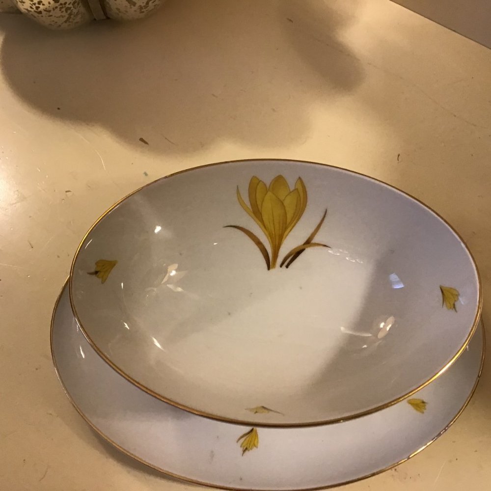 Easterling Bavaria Germany Golden Crocus Gravy boat Attached Underplate Mint w2s